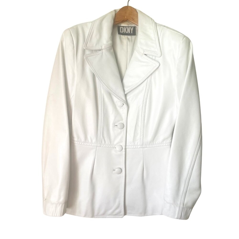 DKNY Women White Leather Blazer Style Jacket Coat Fully Lined Size 4